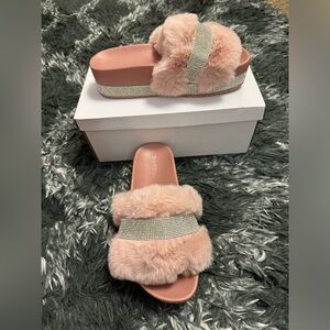Blush Pink Bling Faux Fur Platforms